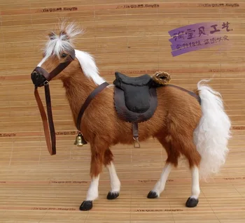 Naujas modeliavimo rudas arklys žaislas polietileno&kailiai, kraujo arklys su balno dovana, apie 28x10x26cm 1983