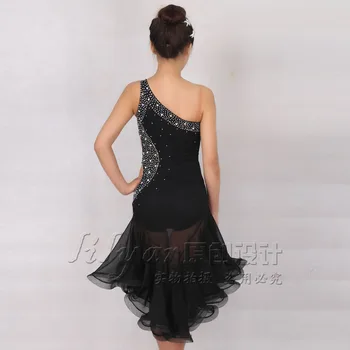 Naujas moterų lotynų šokių kostiumas juodas peties fishbone blizgančiais suknelė