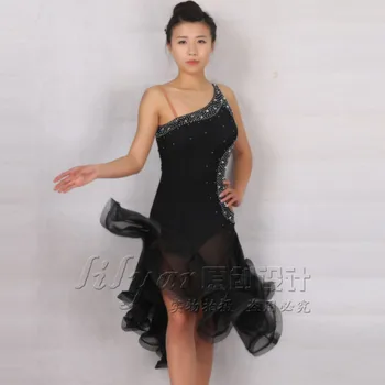 Naujas moterų lotynų šokių kostiumas juodas peties fishbone blizgančiais suknelė