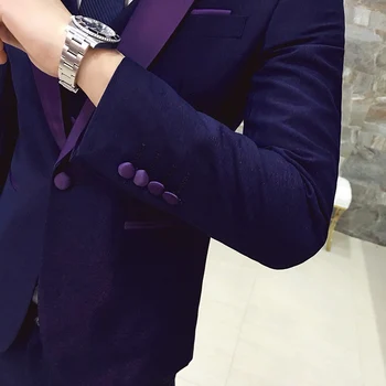Naujas prabangus Jaunikis Tuxedos Vyrai Dizaineris Tinka Vestuvių Kostiumas Vyrams Tuxedos Slim Fit Mėlyna Violetinė Kostiumai sportiniai švarkai (striukė+kelnės+liemenė)