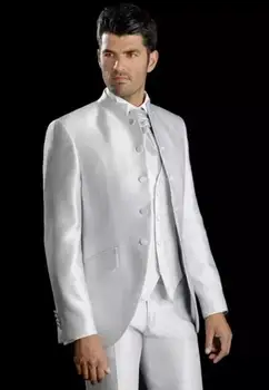 Naujas Stilingas Baltos spalvos Stovas Colar Penki Mygtuką Jaunikis Tuxedos vyriški Vestuvių Suknelė Prom Drabužiai Užsakymą Vyrų Kostiumas(Striukė+kelnės+ti
