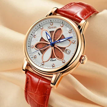 Naujas Šveicarija Nesun Moterų Laikrodžiai Prabangos Prekės Kvarco Žiūrėti Moterų Šešių lapų, žolės dizaino Laikrodis, Deimantai, Laikrodžiai N9065-4