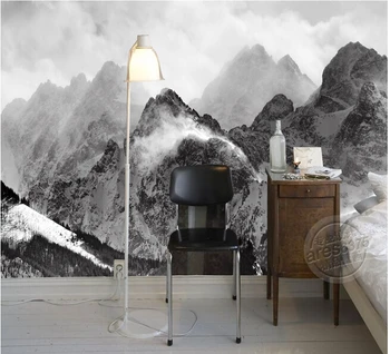 Naujausius 3D tapetai, juodos ir baltos spalvos kalnai ir debesys de parede Papel, sofos sienos miegamojo sienos popieriaus
