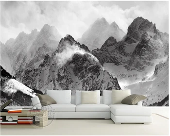 Naujausius 3D tapetai, juodos ir baltos spalvos kalnai ir debesys de parede Papel, sofos sienos miegamojo sienos popieriaus