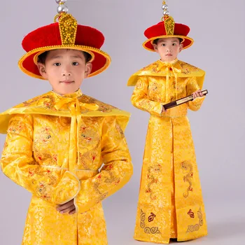 Naujo Stiliaus Kinijos Berniukai Imperatorius Dragon Skraiste Suknelė, Kostiumas Apranga Hanfu Senovės Čing Dinastijos Imperatorius Princas Kostiumai Vaikams