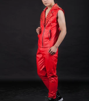 Naujo stiliaus mados raudona spalva vyrų ds aukštos kokybės plonas odos kelnes ponas, dainininkė, šokių etape parodyti vyriškos kelnės