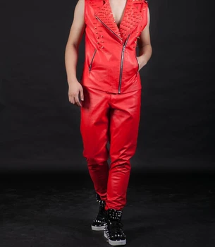 Naujo stiliaus mados raudona spalva vyrų ds aukštos kokybės plonas odos kelnes ponas, dainininkė, šokių etape parodyti vyriškos kelnės