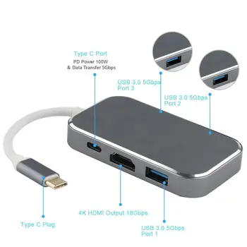 Navceker 5-in-1 USB 3.0 USB-C HUB Adapteris Su C Tipo Maitinimo Pristatymo 4K Video HDMI, USB, C HUB Daugiafunkcį 
