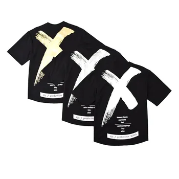 Negabaritinių marškinėliai Gold/White X Kryžiaus Laišką Black Print T shirt Streetwear Prekės ženklo Drabužių Hip-Hop Grobis Trumpus Marškinėlius Vyrams