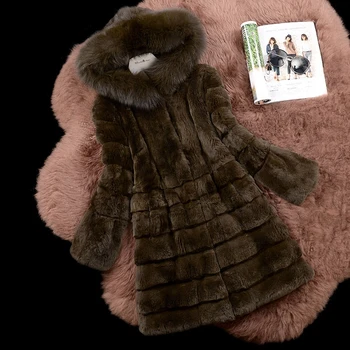 Nekilnojamojo lapės kailio apykaklė su gobtuvu moterų banga iškirpti visą odos natūralų rex triušio kailio paltai moterims storas šiltas kailiniai švarkai 2018 m. žiemos naujas