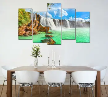 Nemokamas pristatymas 5 skydelis didelis atspausdintas tapybos žalia krioklys drobė spausdinimo meno namų dekoro sienos meno nuotrauka už kambarį