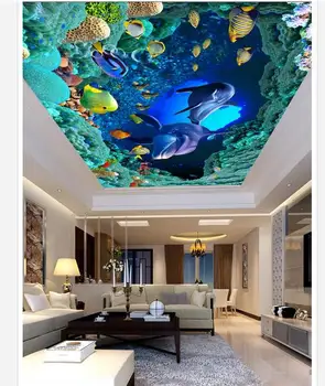 Nemokamas pristatymas custom freskos 3d neaustinių ekrano užsklanda Sea World Dolphin HD stereo lubų, lubų freskomis grožio sienų apdaila