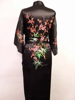 Nemokamas Pristatymas Juoda Kinijos Moterų Satino, Šilko Siuvinėjimo Chalatas Kimono Vonia Suknelė Gėlių Dydis S M L XL XXL XXXL W3S002