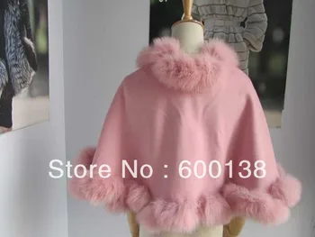 Nemokamas pristatymas mergaitę age6-9 susukti lapės kailio apdaila baby pink cashmere poncho