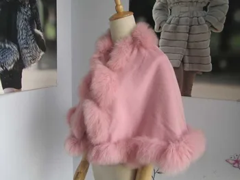 Nemokamas pristatymas mergaitę age6-9 susukti lapės kailio apdaila baby pink cashmere poncho