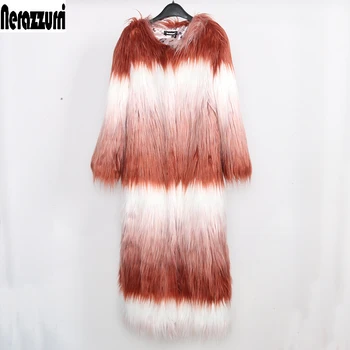 Nerazzurri Dirbtiniais Kailių Paltai Moterims, O-Kaklo Palaipsniui Color Extra Long Shaggy Furry Netikrą Mongolijos Avių Kailio Paltas Plius Dydis 5l 6xl