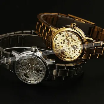 NUGALĖTOJAS Aukso Prabangos Moterų Laikrodžiai Visą Nerūdijančio Plieno Mechaninė Automatinė Rankiniai Laikrodžiai Romos Numeris Skeleton Laikrodis +DOVANŲ DĖŽUTĖJE