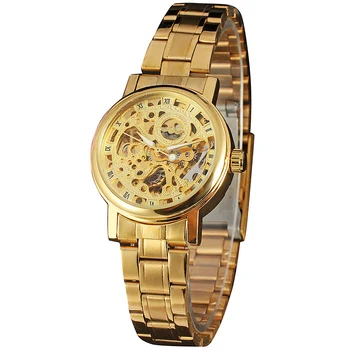 NUGALĖTOJAS Aukso Prabangos Moterų Laikrodžiai Visą Nerūdijančio Plieno Mechaninė Automatinė Rankiniai Laikrodžiai Romos Numeris Skeleton Laikrodis +DOVANŲ DĖŽUTĖJE