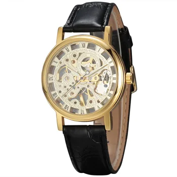 NUGALĖTOJAS Mados Laikrodžiai Vyrams Prabangos Prekės Aukso Royal Drožyba Skeletas Romos Dial Mechaninė Odinis Dirželis Laikrodis