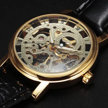 NUGALĖTOJAS Mados Laikrodžiai Vyrams Prabangos Prekės Aukso Royal Drožyba Skeletas Romos Dial Mechaninė Odinis Dirželis Laikrodis