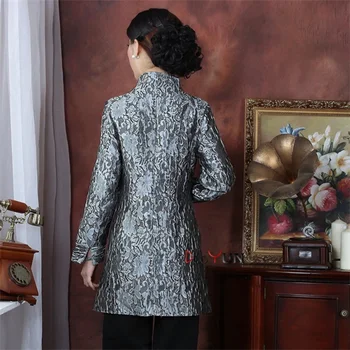Nuolaida Pilka Kinijos Lady Šilko Satino Švarkas Mandarinų Apykaklės Slim Outwear Mygtuką Gėlių Kailis Nemokamas Pristatymas Dydis S Iki XXXL