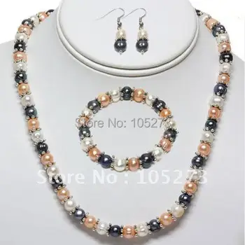 Nuostabu! pearl juvelyrika nustatyti AA 7-8MM Baltos, rausvos, juodos spalvos gėlavandenių perlų &sidabro karoliai, apyrankės auskarai Nemokamas pristatymas N135