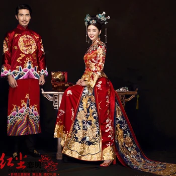 Nuotakos Ilgai Kinų Vestuvių Suknelė Cheongsam Qipao Retro Ilgai Gėlių Phoenix Spausdinimo Suknelė Kinų pora Vestuvių Apranga jaunikis