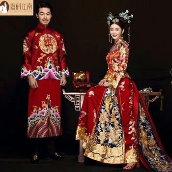 Nuotakos Ilgai Kinų Vestuvių Suknelė Cheongsam Qipao Retro Ilgai Gėlių Phoenix Spausdinimo Suknelė Kinų pora Vestuvių Apranga jaunikis