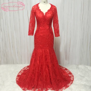 Nėriniai vakaro suknelės v kaklo ilgai skaidri mova perlai undinė teismas traukinio raudona prom dresses chalatai 2018 arabų