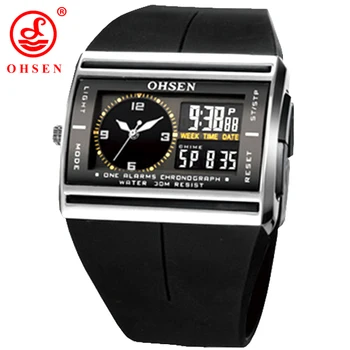 OHSEN Prekės LCD Digital Dual Core Žiūrėti Vandeniui Lauko Sporto Laikrodžiai Žadintuvas Chronografas Apšvietimas Juoda Guma Vyrų Laikrodis