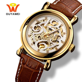 Ouyawei 2017 Prabangus Skeleton Gold Mechaniniai Laikrodžiai Vyrams Automatinis Savaiminis Vėjo Originali Kavos Odos Juosta Didelis Arabų Riešo Žiūrėti
