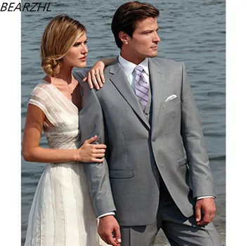 Paplūdimys tinka vestuvių jaunikis smokingas šviesiai pilkos spalvos pagal užsakymą pagaminti kostiumą 3 gabalas tinka klasikinė suknelė