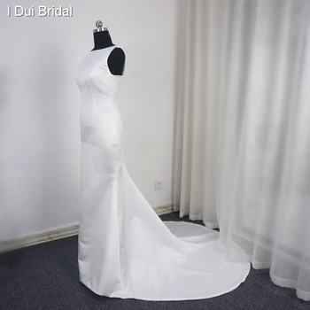 Paprasta Satino Tipo Vestuvinė Suknelė, su Nuimamu Ilgai Traukinio Užsakymą Realios Foto