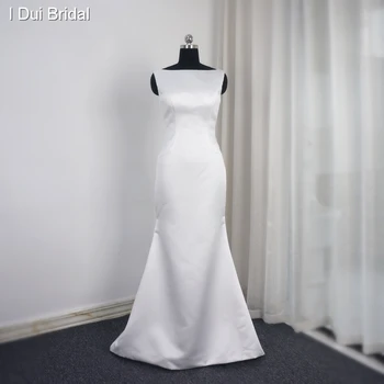 Paprasta Satino Tipo Vestuvinė Suknelė, su Nuimamu Ilgai Traukinio Užsakymą Realios Foto