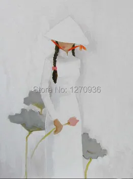 Paprastumas Dizaino Moteris Baltas su Lotoso Gėlių Rankoje talentingų Menininkų Rankų darbo Senovės Naftos Paveikslai 