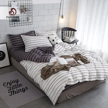 Parkshin Simple Stripes Bedding Set White And Brown Duvet Cover Set Twin Full Queen King Size Active printing 4pcs Bedclothes