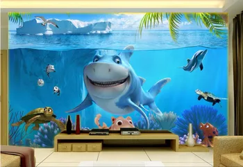Pasirinktinius nuotraukų 3d tapetai, freskos Jūros pasaulyje delfinais ir rykliais, apdailos dažymo 3d sienų freskomis tapetai už kambarį