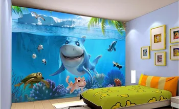 Pasirinktinius nuotraukų 3d tapetai, freskos Jūros pasaulyje delfinais ir rykliais, apdailos dažymo 3d sienų freskomis tapetai už kambarį