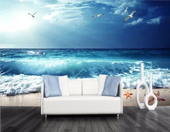 Pasirinktinius nuotraukų 3d tapetai, neaustiniai ir šilko freskos Mėlyna jūra, mėlynas dangus, paplūdimys, gamta krantų vaizdas tapybos 3d kambarių freskomis tapetai