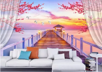 Pasirinktinius nuotraukų freskos 3d kambario tapetai, medinės tilto gėlės peizažas 3d sienų freskomis tapetų sienos, 3 d