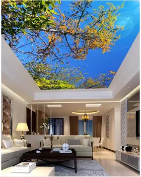Pasirinktinius nuotraukų wallppaer Mėlynas dangus ir žalia medžių lubų tapetai, freskos foto tapetai, lubos