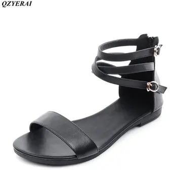 Pavasario/vasaros 2018 karvės odos juoda balta moterų sandalai butas patogus, kvėpuojantis moteriški batai odiniai sandalai