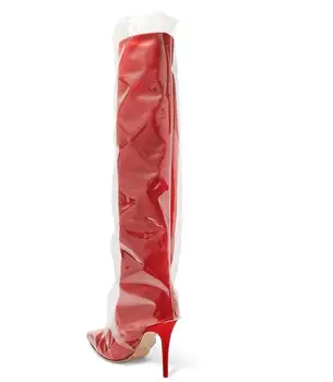 Pavasarį Naują Moterų Chaki Raudona Kieta Spalva beveik Balta, 100 mm Stiletto Kulno Paslysti Ant Pažymėjo Tne Kelio Aukštas Oda Ilgai Tiulio Batai