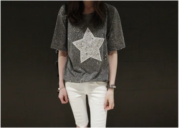 Plius Dydis marškinėliai Moterims iki 2017 m. Vasaros Mados Blizga Star Modelius su Blizgučiais Trumpas Rankovės Prarasti Atsitiktinis Marškinėliai, Femme