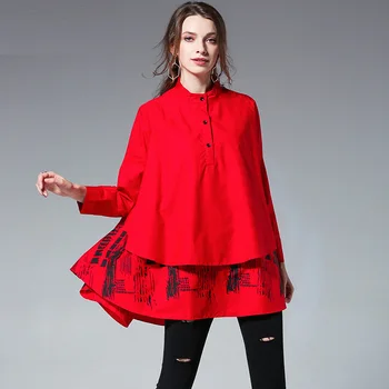 Plius dydis Moterų atsitiktinis marškinėliai Prarasti spausdinti marškinėliai ilgomis rankovėmis Raukiniai Stovėti Kaklo Palaidinės pavasario moterų viršūnių raudona juoda balta