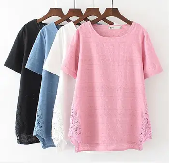 Plius dydžio angą, siuvinėti moterų viršūnių trumpas rankovės iki 2018 m. vasaros t-shirt laisvus bazinės marškinėlius nėrinių tuščiaviduriai iš tee marškinėliai femme XXXL