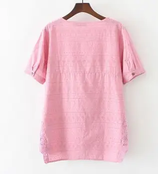 Plius dydžio angą, siuvinėti moterų viršūnių trumpas rankovės iki 2018 m. vasaros t-shirt laisvus bazinės marškinėlius nėrinių tuščiaviduriai iš tee marškinėliai femme XXXL