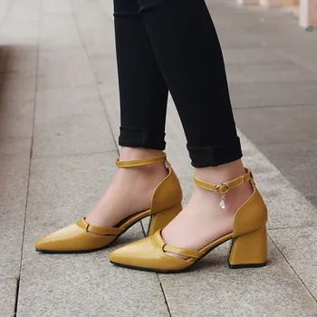 Plus Size 34-47 Naujas moterų sandalai vasarą pažymėjo tne batai ponios seklių čiurnos dirželis storas kulnas office Siurbliai, avalynė, aukštos kokybės