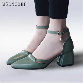 Plus Size 34-47 Naujas moterų sandalai vasarą pažymėjo tne batai ponios seklių čiurnos dirželis storas kulnas office Siurbliai, avalynė, aukštos kokybės