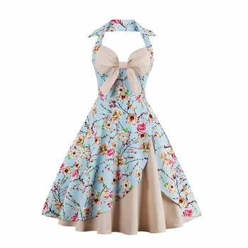Plus size 4XLVintage Summer Dress Retro Hepburn 1950s Rockabilly Floral Print Halter A-line Party Dresses Feminino Vestidos